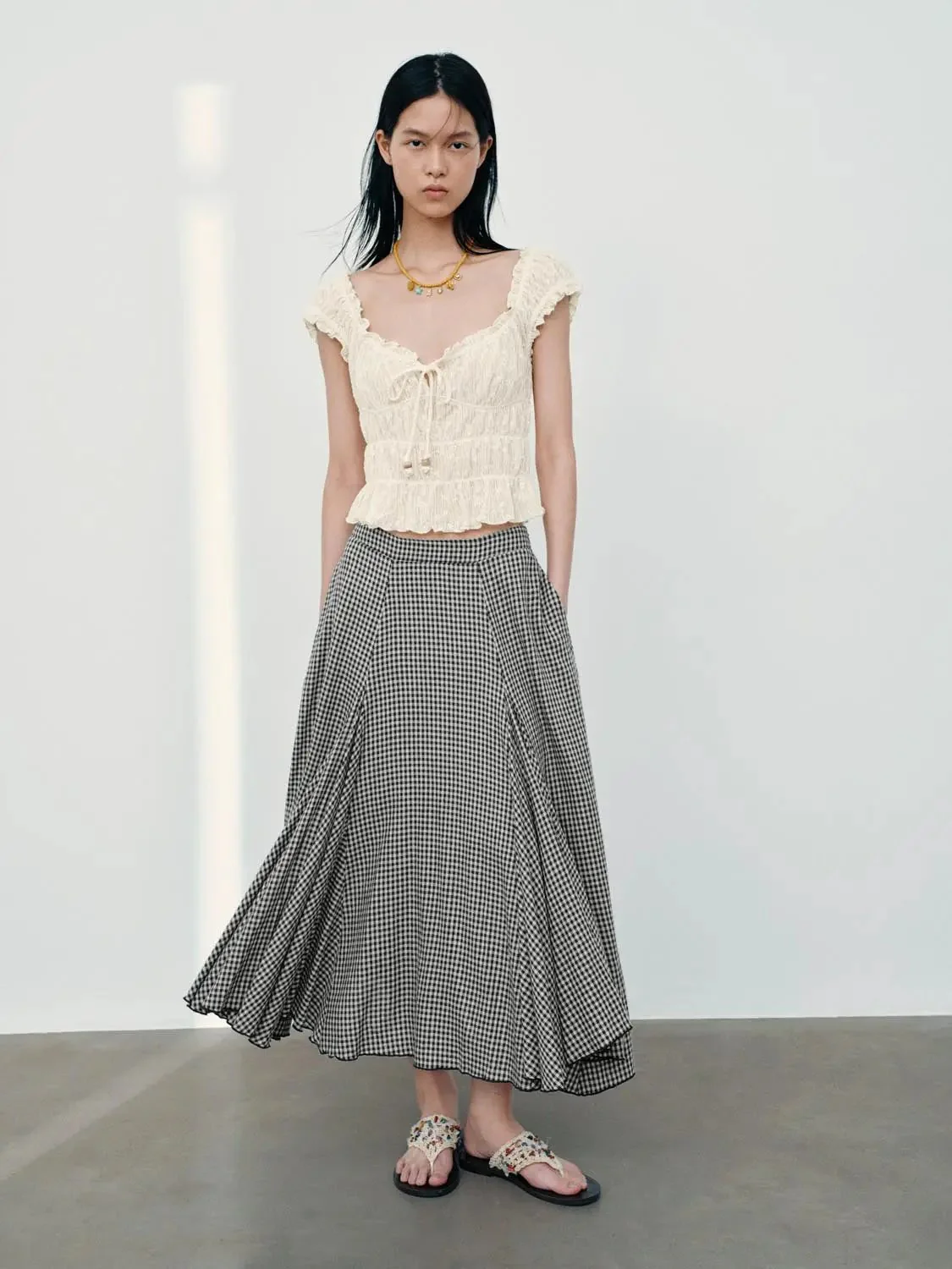 U-Neck Shirring Detail Cap Sleeve Overhead Shirts