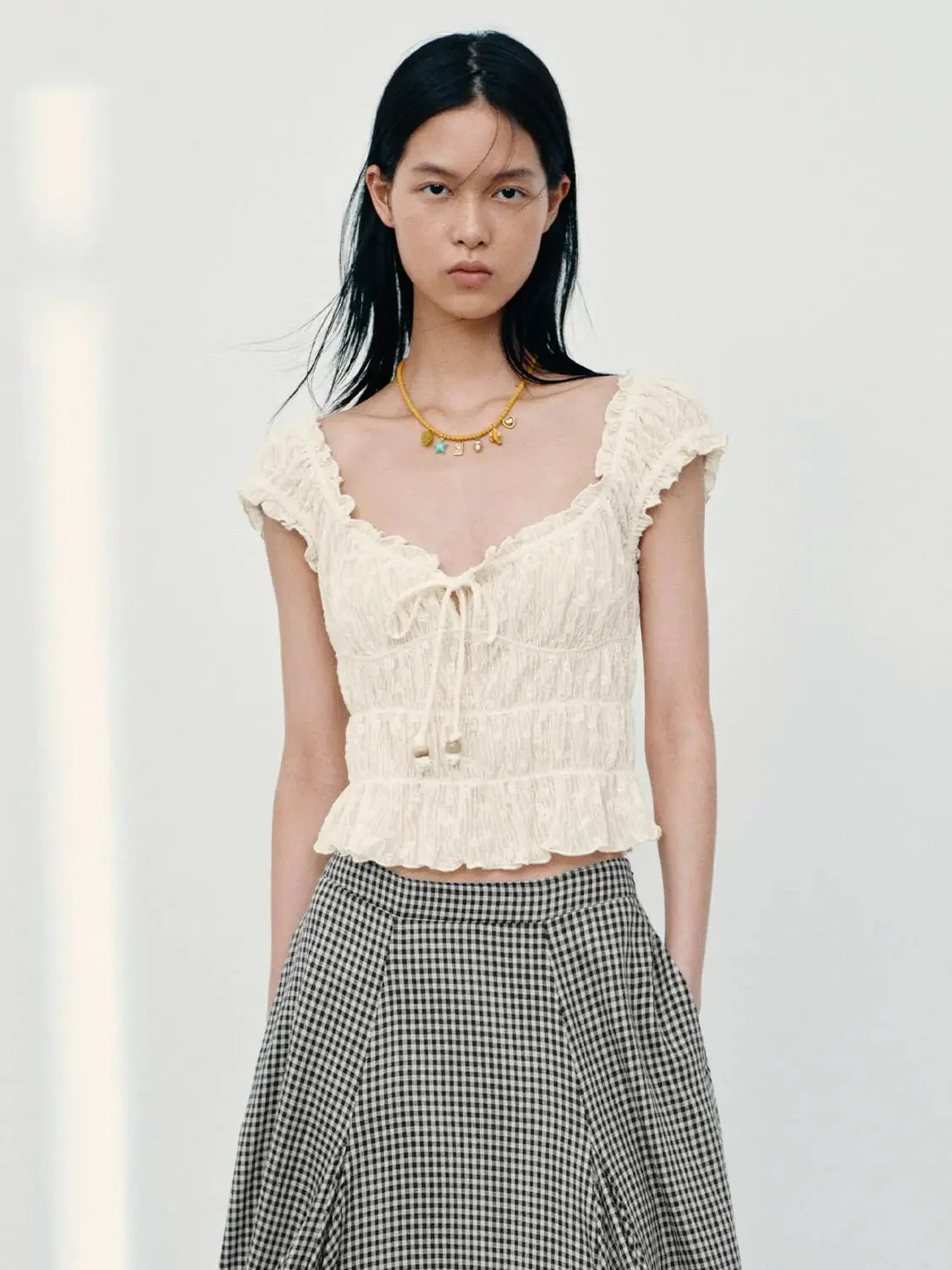 U-Neck Shirring Detail Cap Sleeve Overhead Shirts
