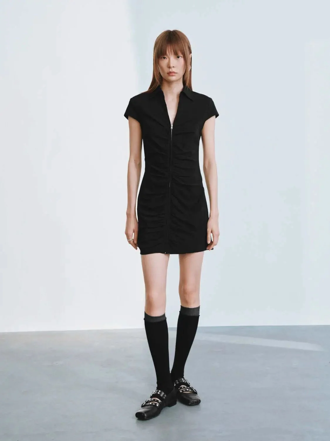 14942-viscose-blend-polo-neck-shirring-zip-up-mini-dress-4.webp Viscose Blend Polo Neck Shirring Zip Up Mini Dress