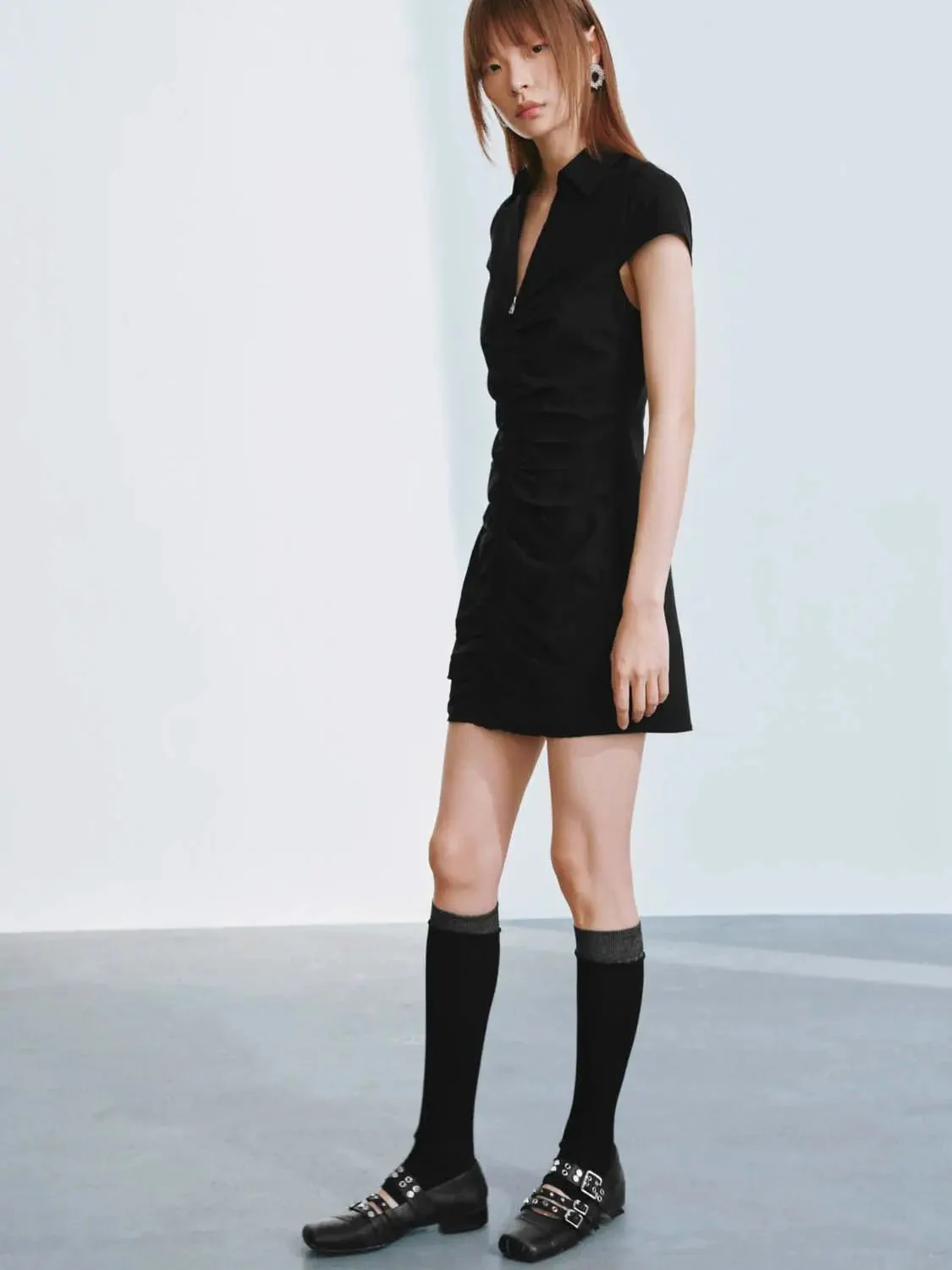 14942-viscose-blend-polo-neck-shirring-zip-up-mini-dress-5.webp Viscose Blend Polo Neck Shirring Zip Up Mini Dress