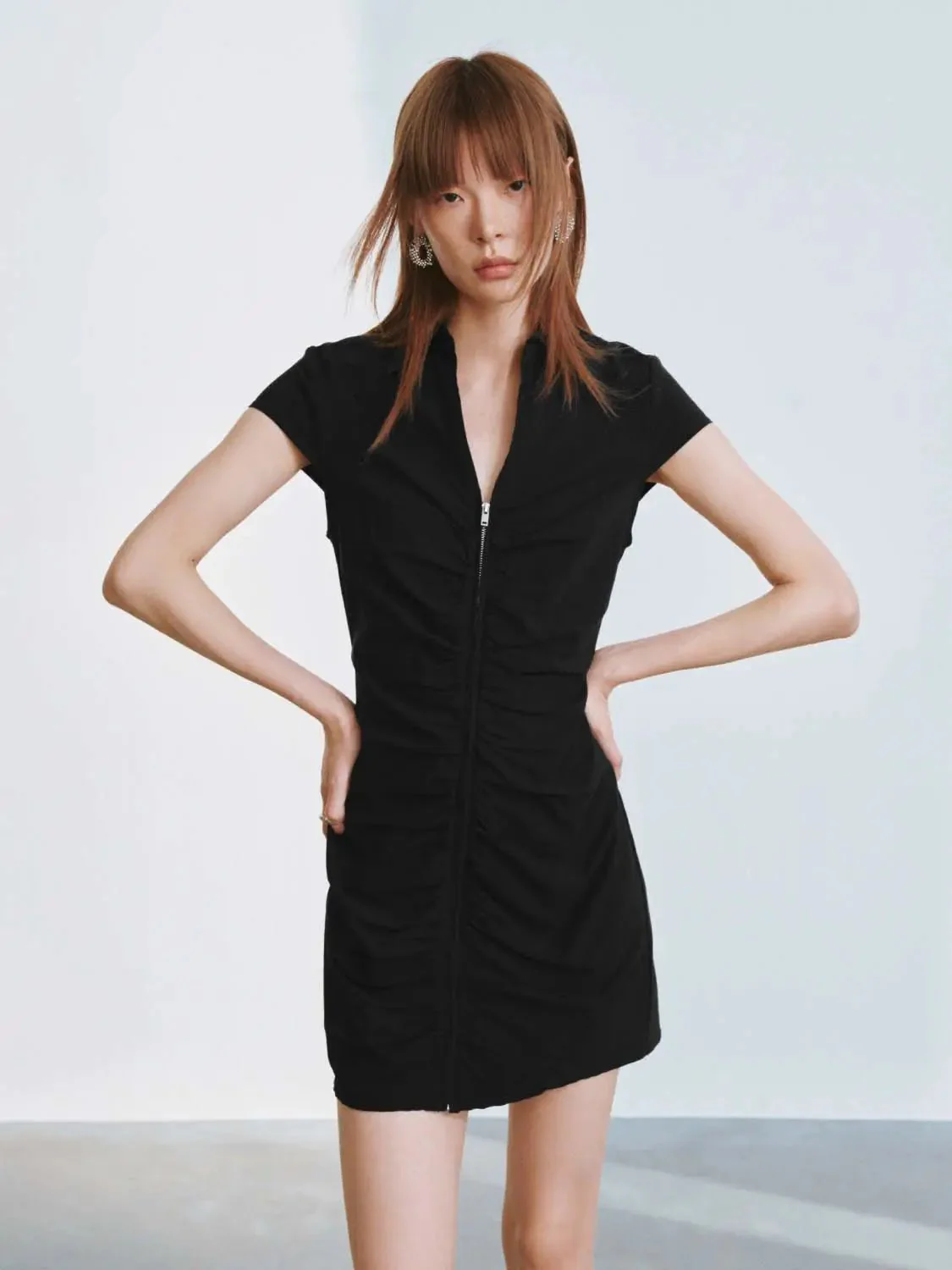 14942-viscose-blend-polo-neck-shirring-zip-up-mini-dress-9.webp Viscose Blend Polo Neck Shirring Zip Up Mini Dress