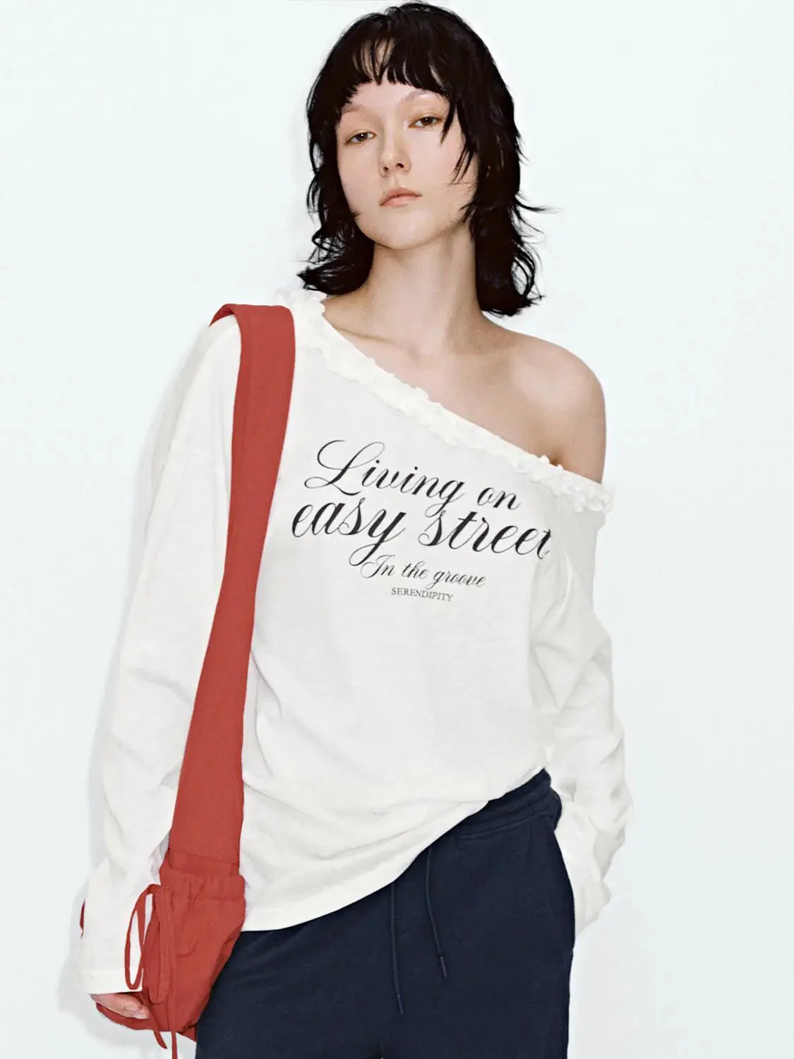 14958-ruffle-trim-one-shoulder-printed-cotton-blend-t-shirts-1.webp Ruffle Trim One Shoulder Printed Cotton Blend T Shirts
