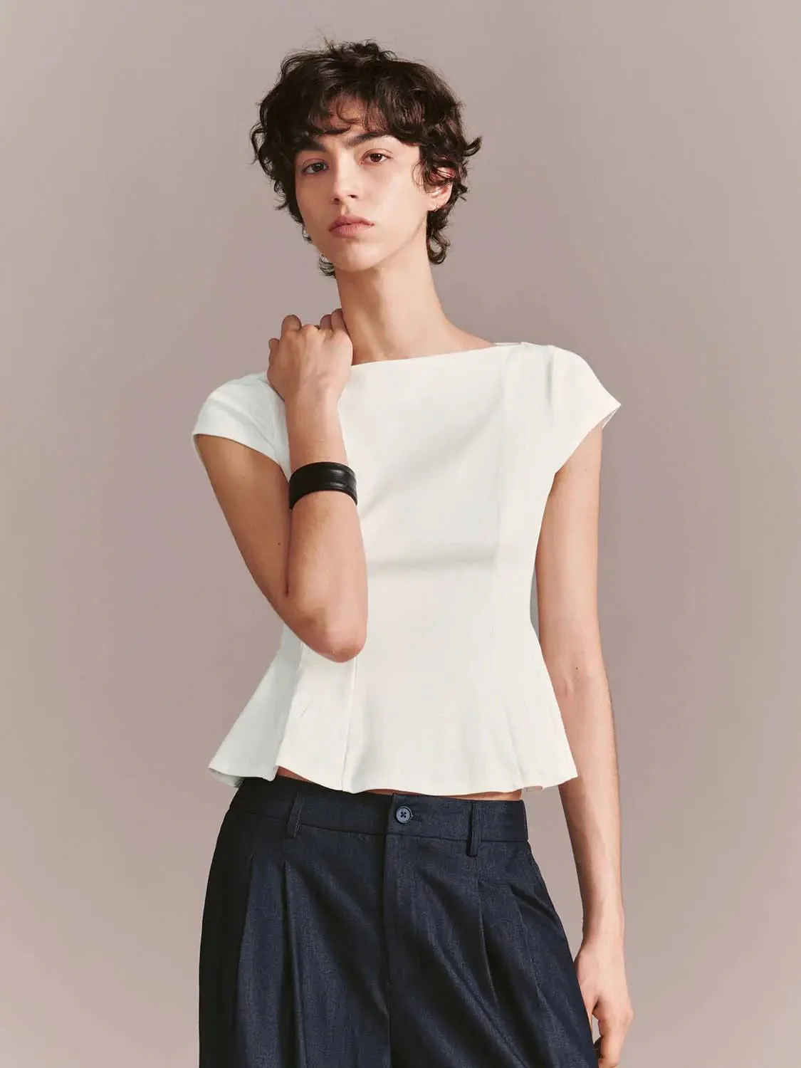 14970-cotton-blend-nipped-waist-cap-sleeve-top-1.webp Cotton Blend Nipped Waist Cap Sleeve Top