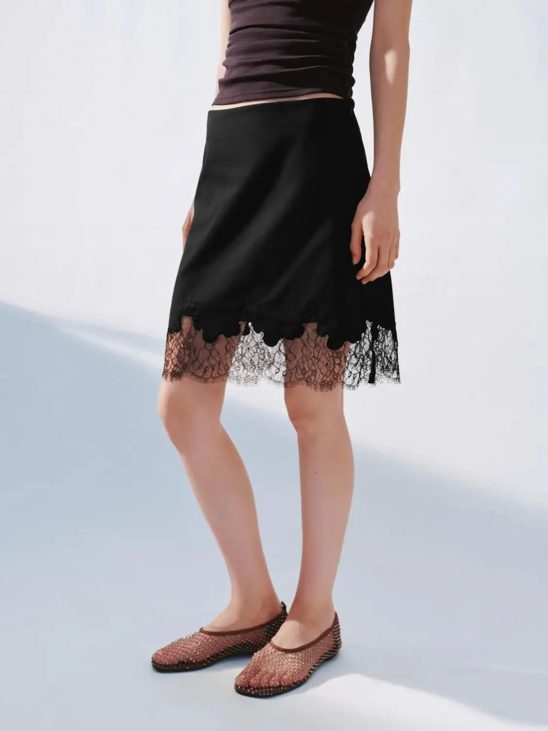 Lace Trim Straight Midi Skirts With Subtle Stretch