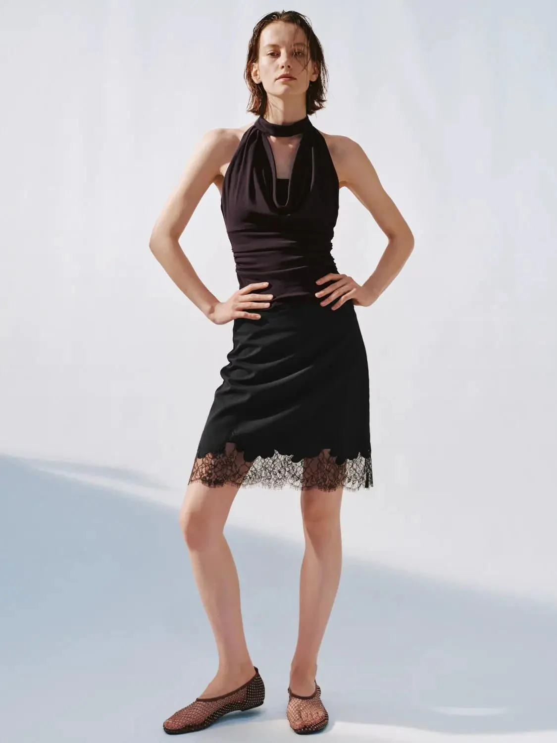 Lace Trim Straight Midi Skirts With Subtle Stretch