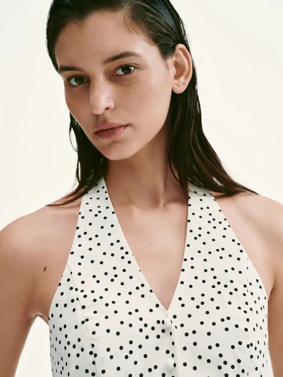 15165-viscose-polka-dot-halter-neck-ruffle-trim-cami-tops-3.webp Viscose Polka Dot Halter Neck Ruffle Trim Cami Tops