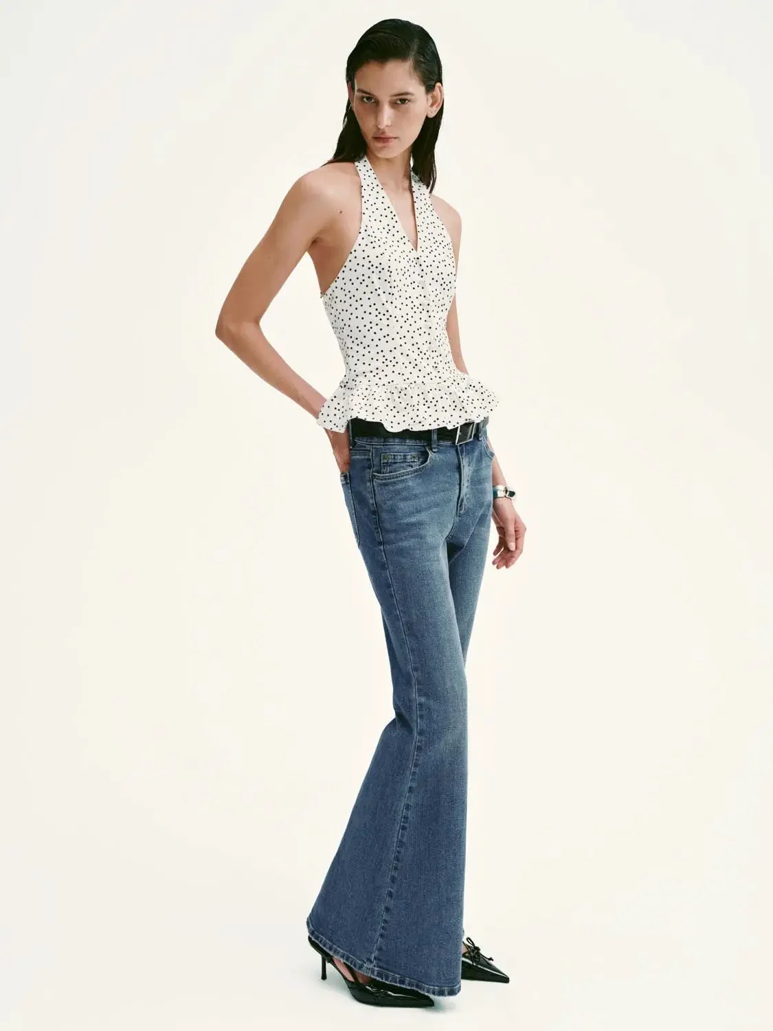 15165-viscose-polka-dot-halter-neck-ruffle-trim-cami-tops-4.webp Viscose Polka Dot Halter Neck Ruffle Trim Cami Tops