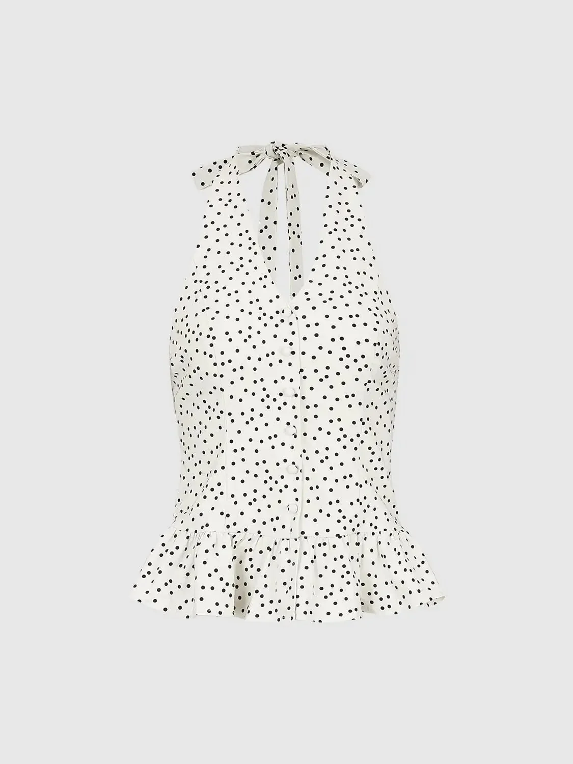 15165-viscose-polka-dot-halter-neck-ruffle-trim-cami-tops-7.webp Viscose Polka Dot Halter Neck Ruffle Trim Cami Tops