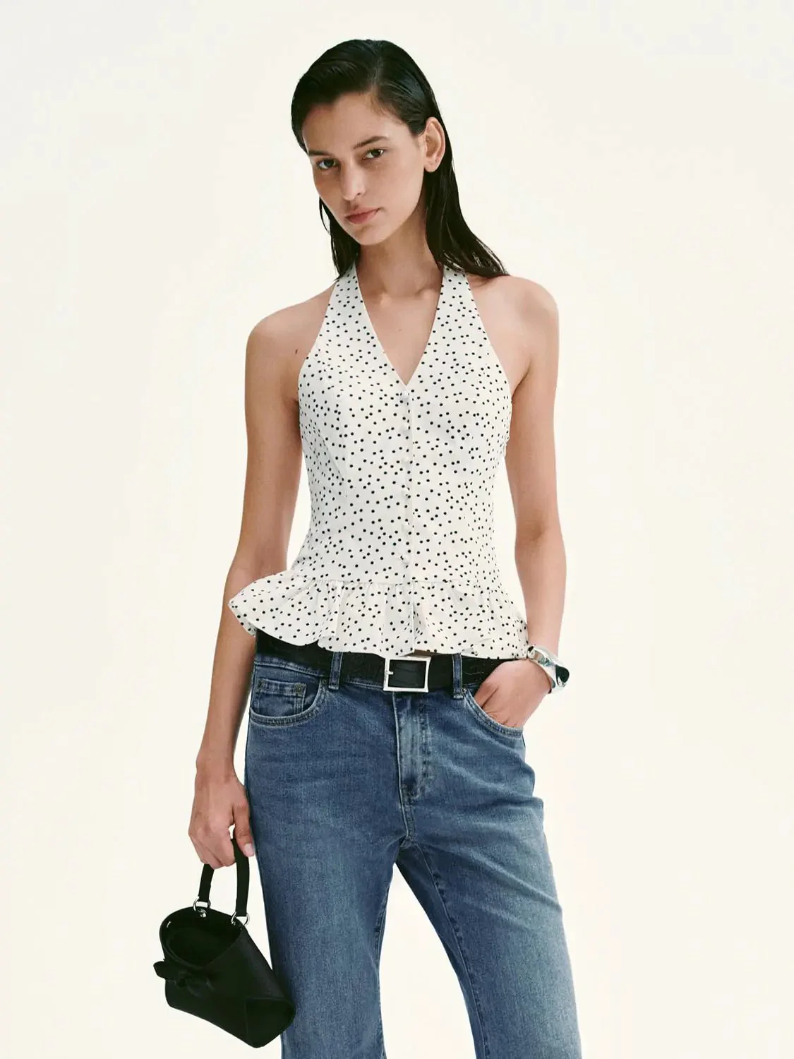 15165-viscose-polka-dot-halter-neck-ruffle-trim-cami-tops-9.webp Viscose Polka Dot Halter Neck Ruffle Trim Cami Tops