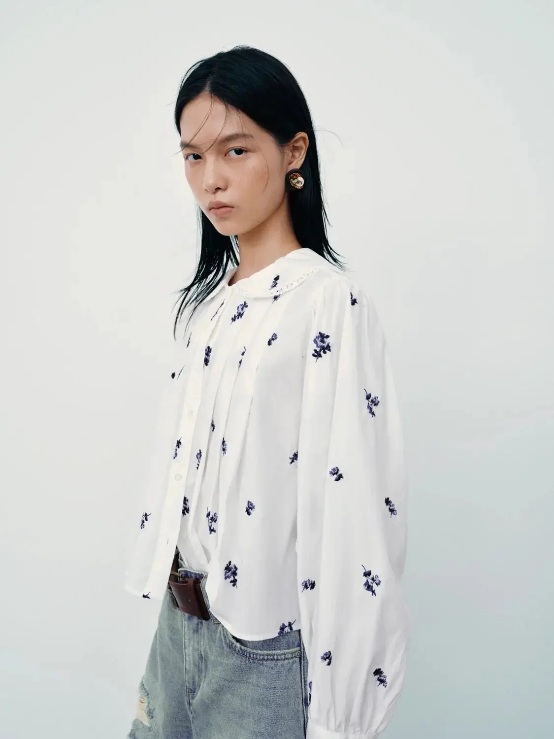 Floral Embroidered Pleated Shirts