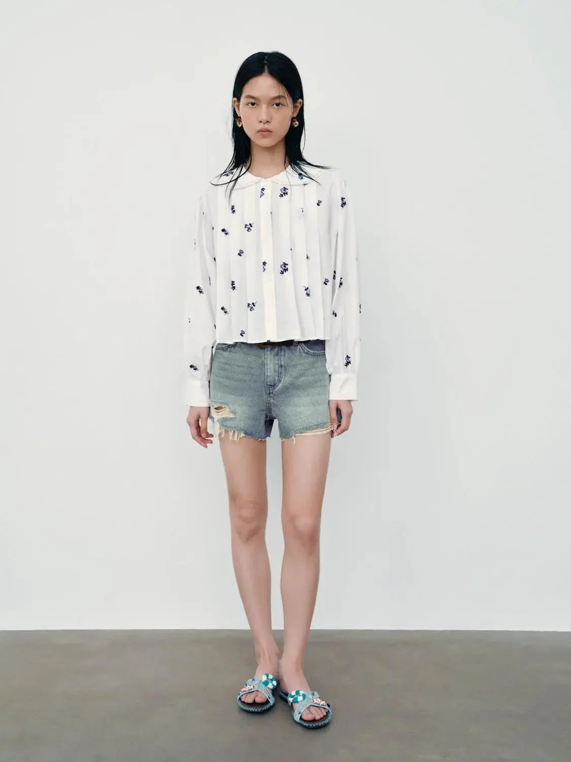 Floral Embroidered Pleated Shirts