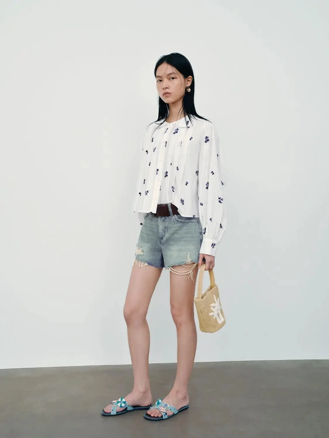 Floral Embroidered Pleated Shirts
