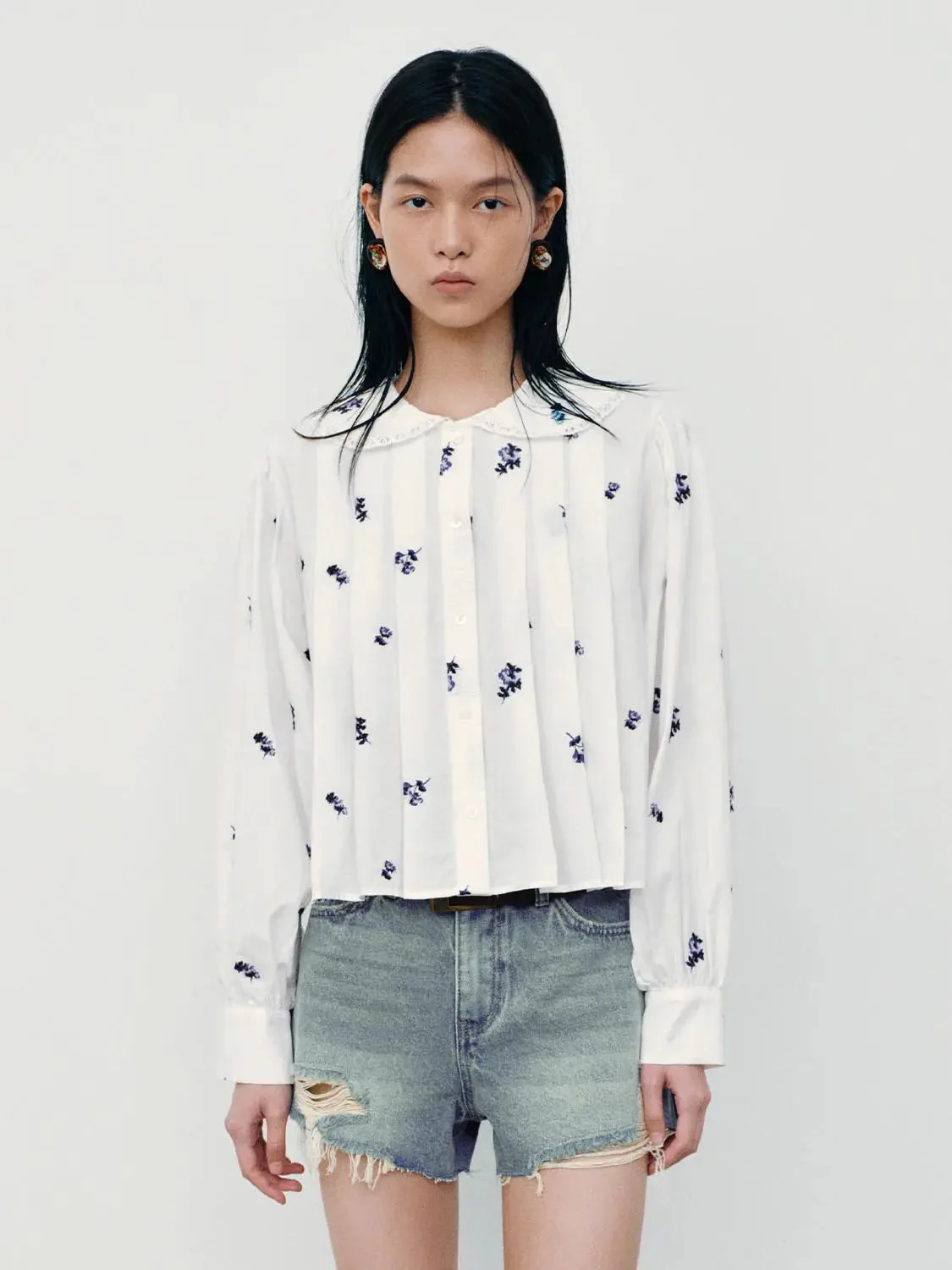Floral Embroidered Pleated Shirts