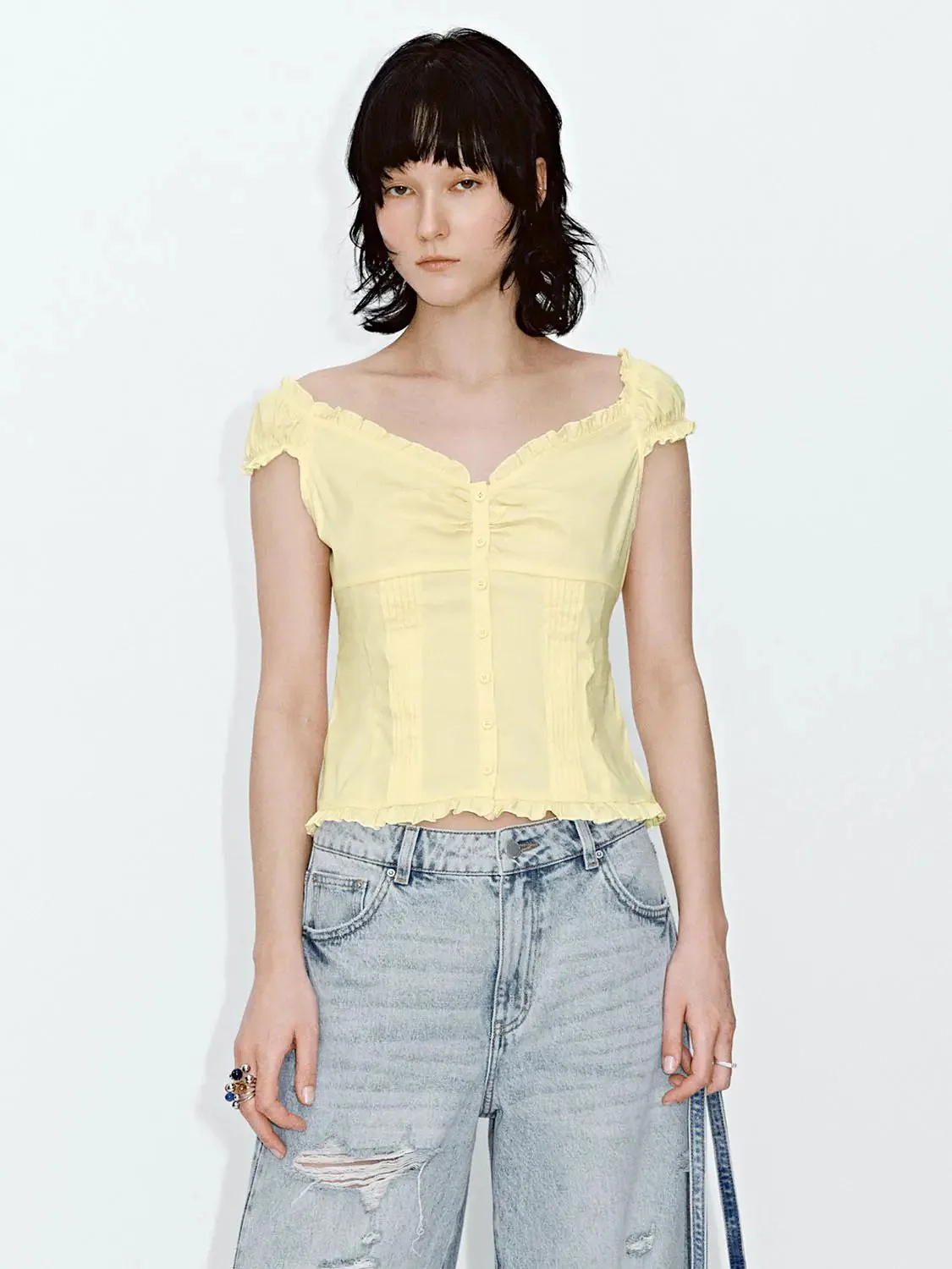 15356-v-neck-shirring-detail-ruffle-trim-short-sleeve-shirts-1.webp V-Neck Shirring Detail Ruffle Trim Short Sleeve Shirts