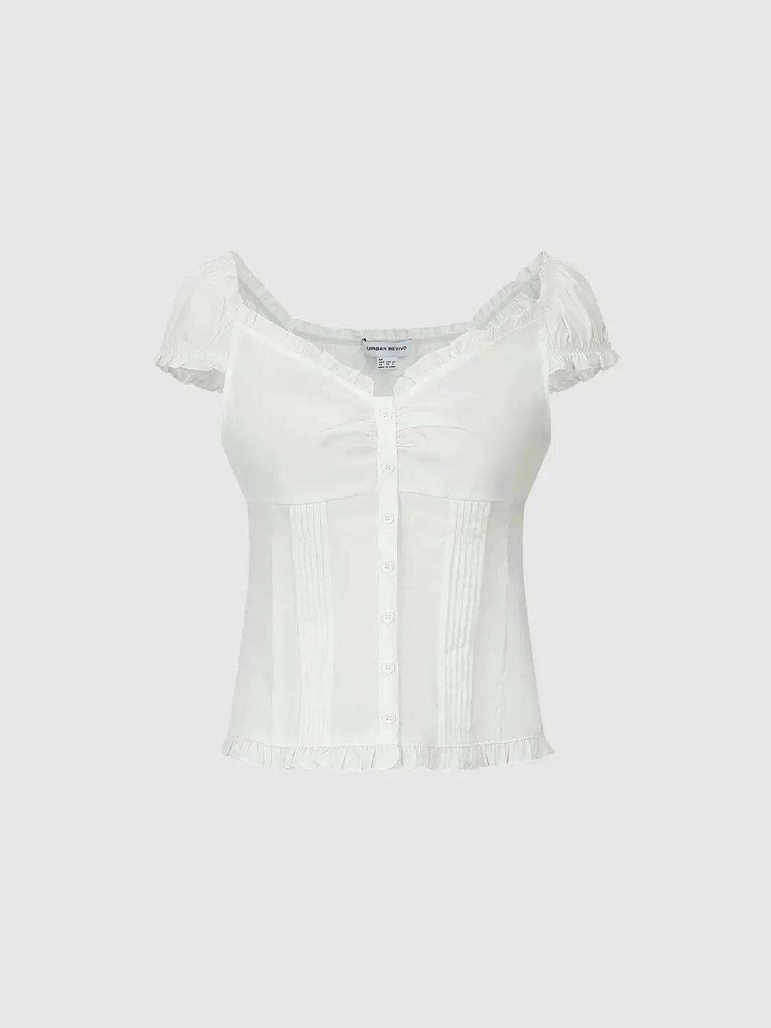 15356-v-neck-shirring-detail-ruffle-trim-short-sleeve-shirts-15.webp V-Neck Shirring Detail Ruffle Trim Short Sleeve Shirts