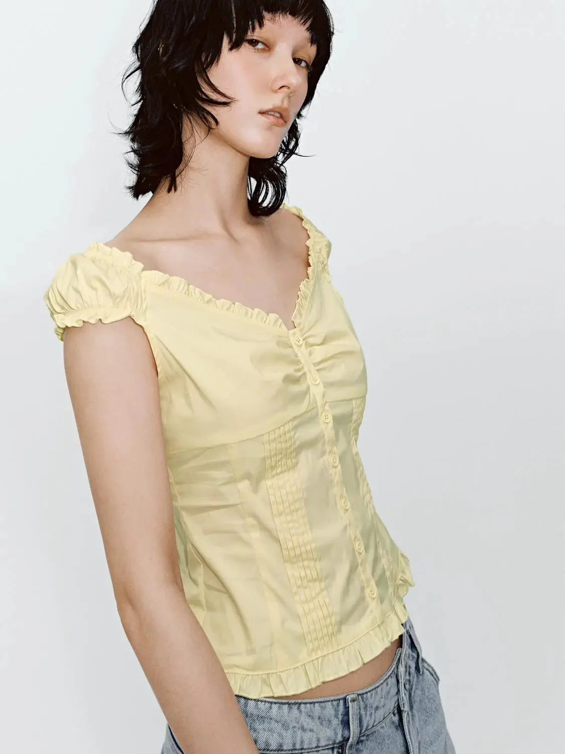 15356-v-neck-shirring-detail-ruffle-trim-short-sleeve-shirts-2.webp V-Neck Shirring Detail Ruffle Trim Short Sleeve Shirts