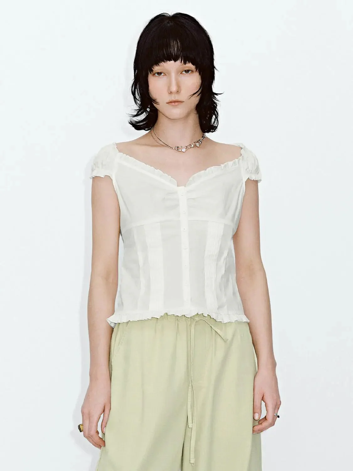 15356-v-neck-shirring-detail-ruffle-trim-short-sleeve-shirts-9.webp V-Neck Shirring Detail Ruffle Trim Short Sleeve Shirts