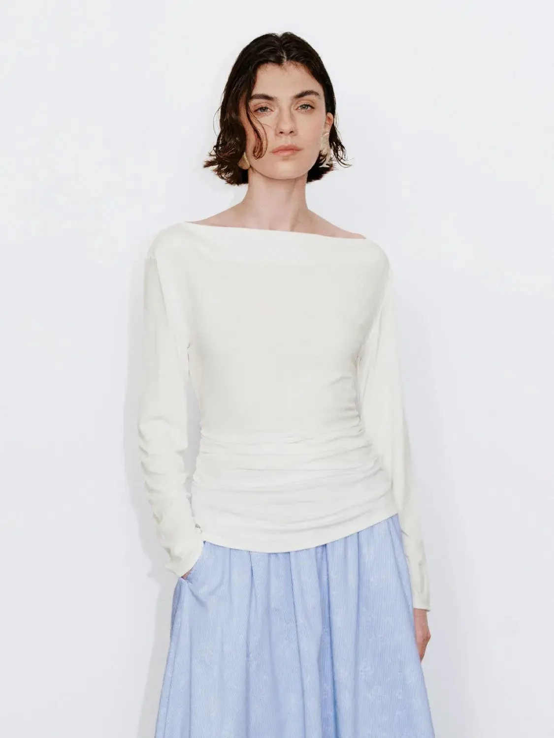 15414-viscose-one-shoulder-ruched-long-sleeve-top-1.webp Viscose One Shoulder Ruched Long Sleeve Top