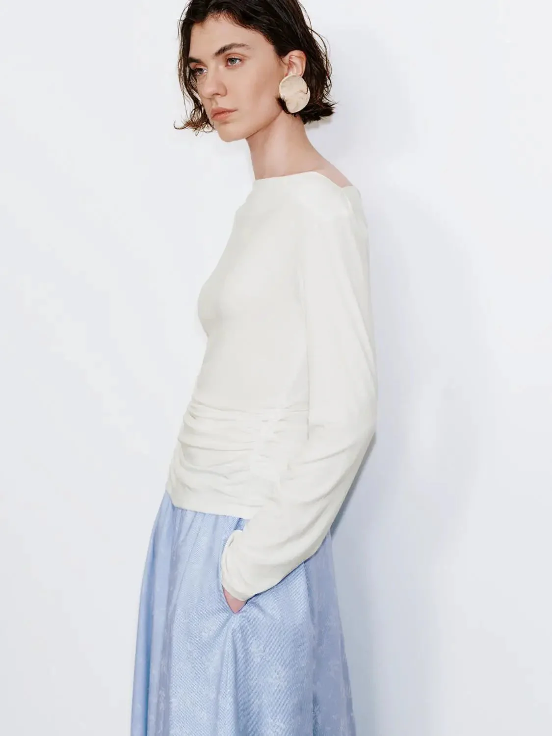 15414-viscose-one-shoulder-ruched-long-sleeve-top-2.webp Viscose One Shoulder Ruched Long Sleeve Top