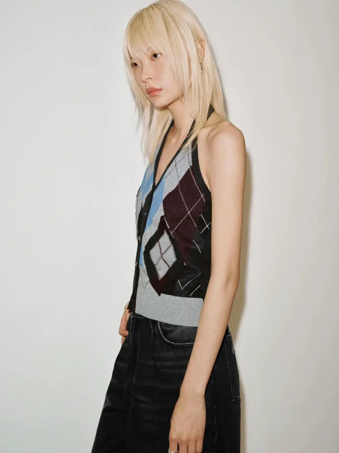 Halter Neck Argyle Knitted Cardigans