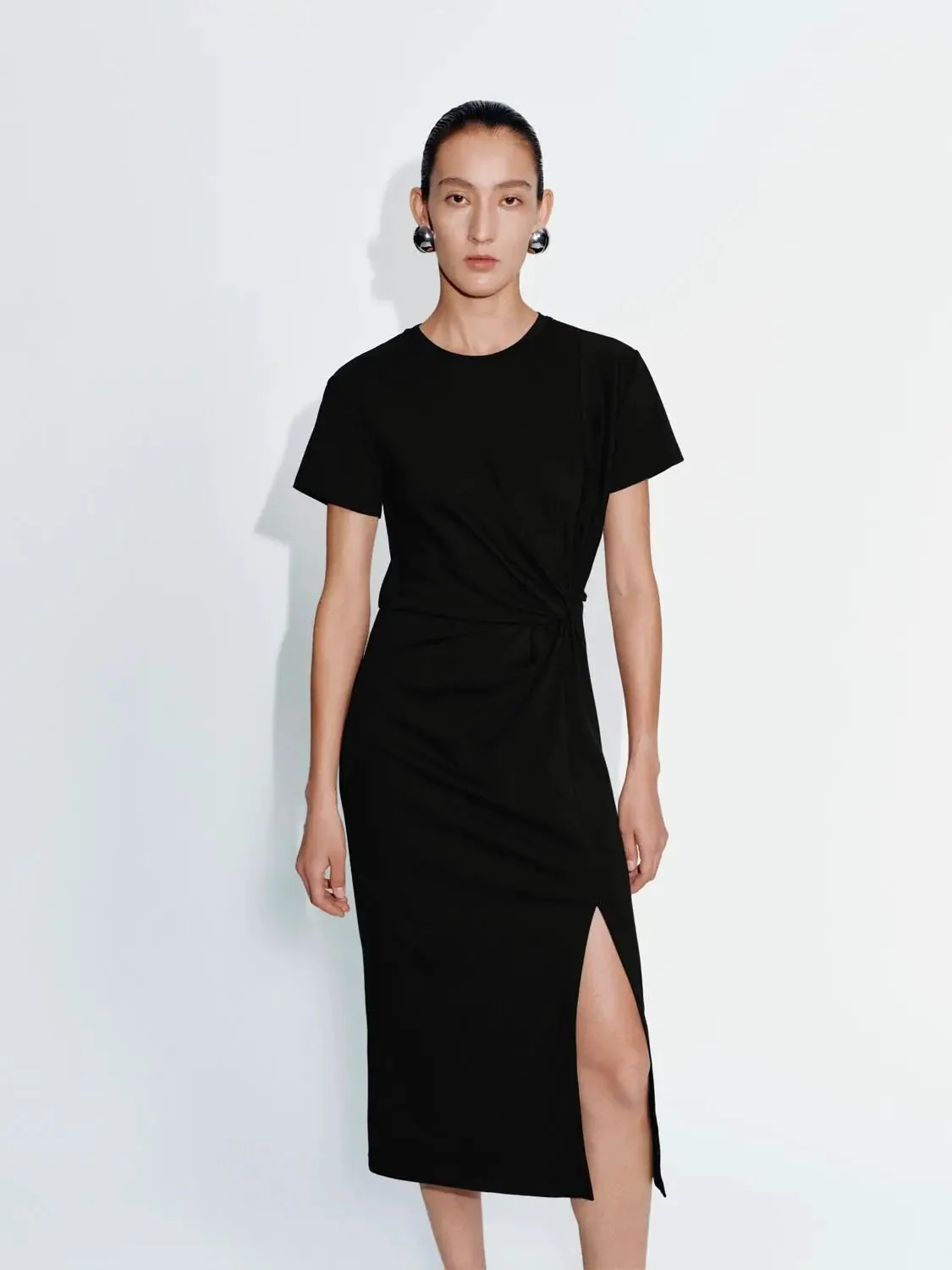 156-cotton-blend-draped-a-line-midi-dress-with-slit-4.webp Cotton Blend Draped A Line Midi Dress With Slit