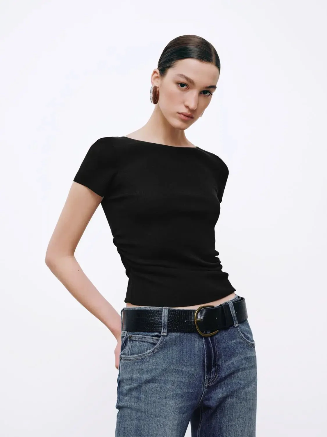 1560-boat-neck-ruched-knitted-t-shirts-2.webp Boat Neck Ruched Knitted T-Shirts