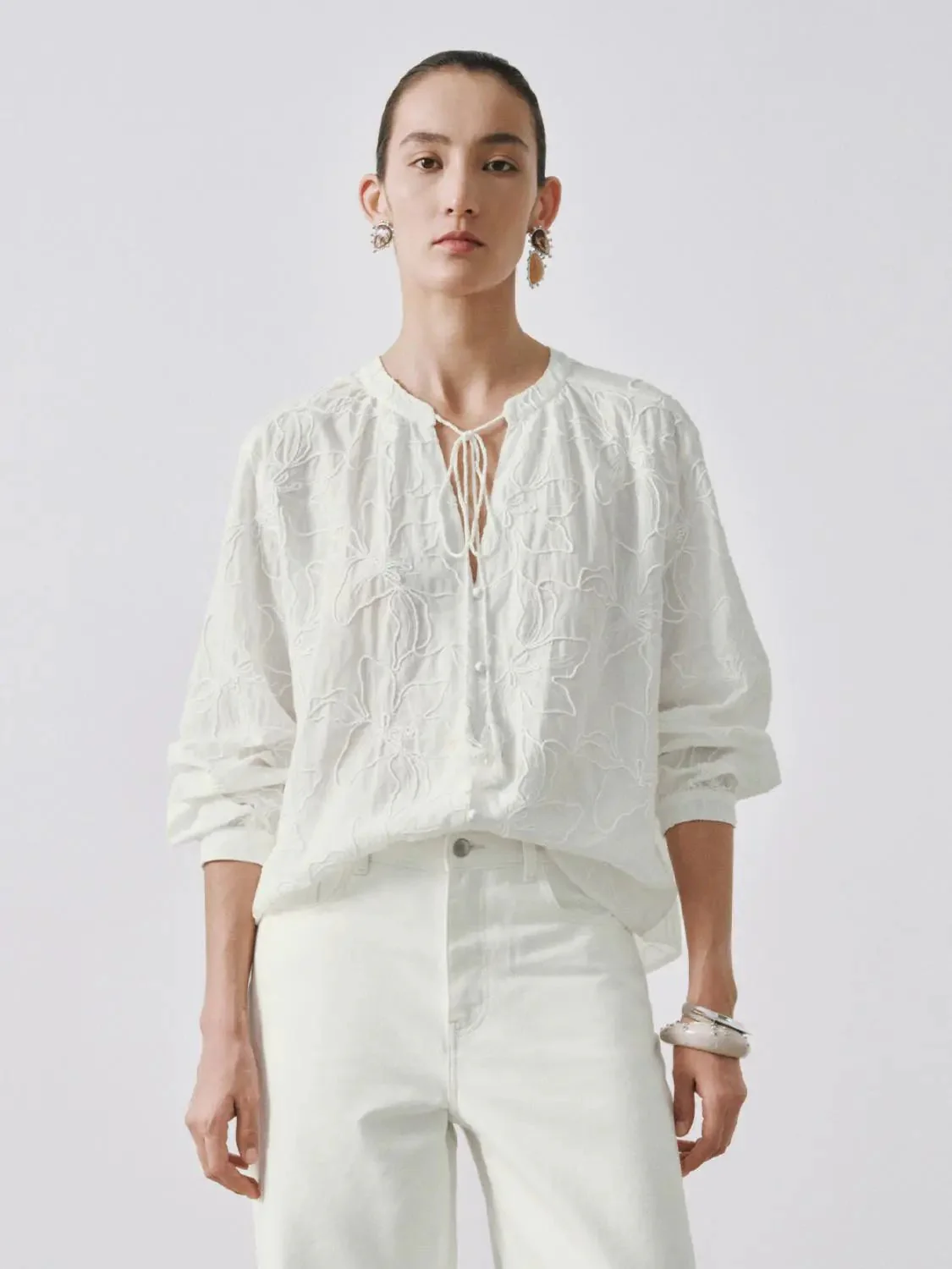 15629-floral-embroidered-tie-detail-v-neck-shirts-1.webp Floral Embroidered Tie Detail V-Neck Shirts