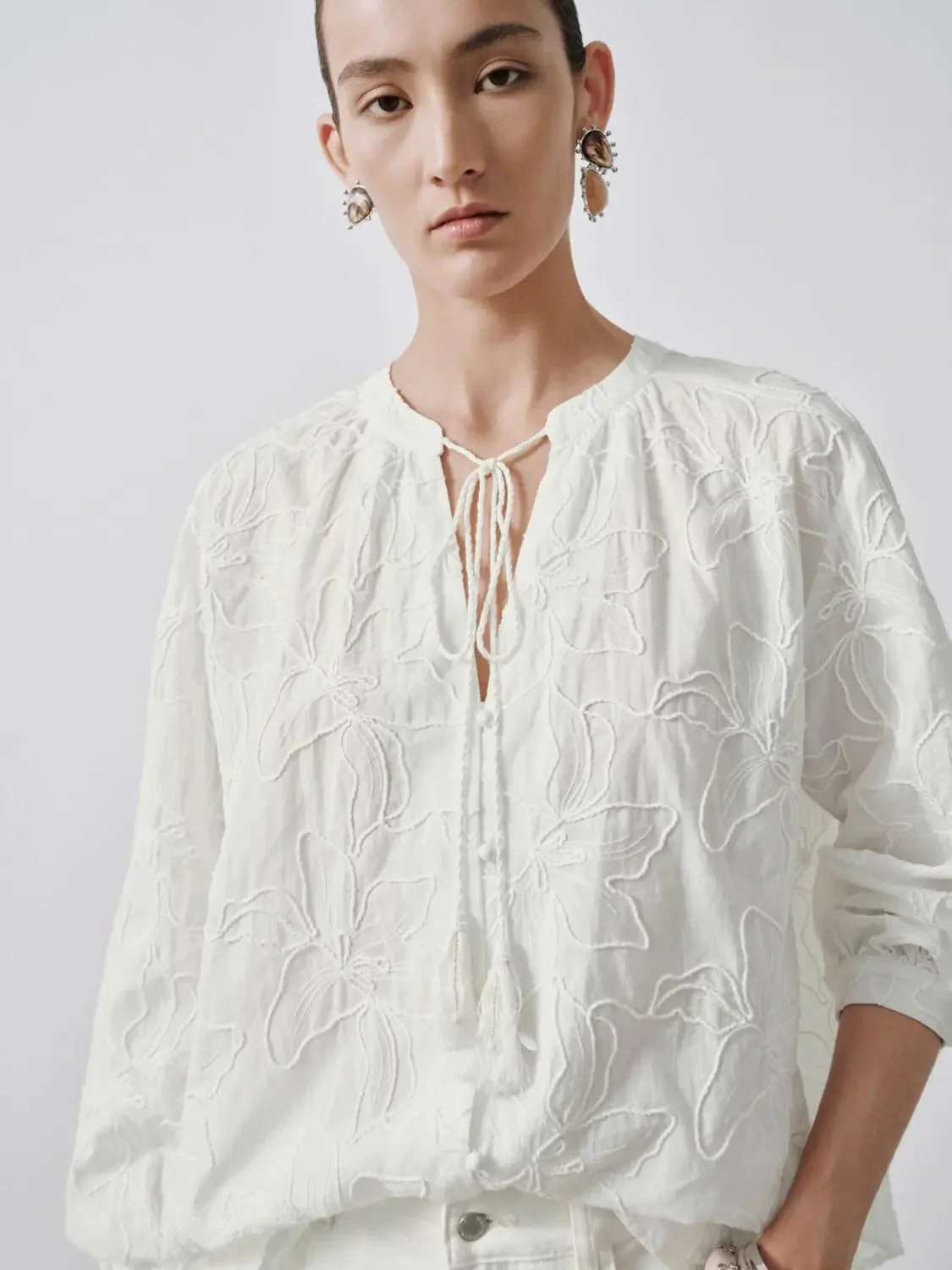 15629-floral-embroidered-tie-detail-v-neck-shirts-3.webp Floral Embroidered Tie Detail V-Neck Shirts