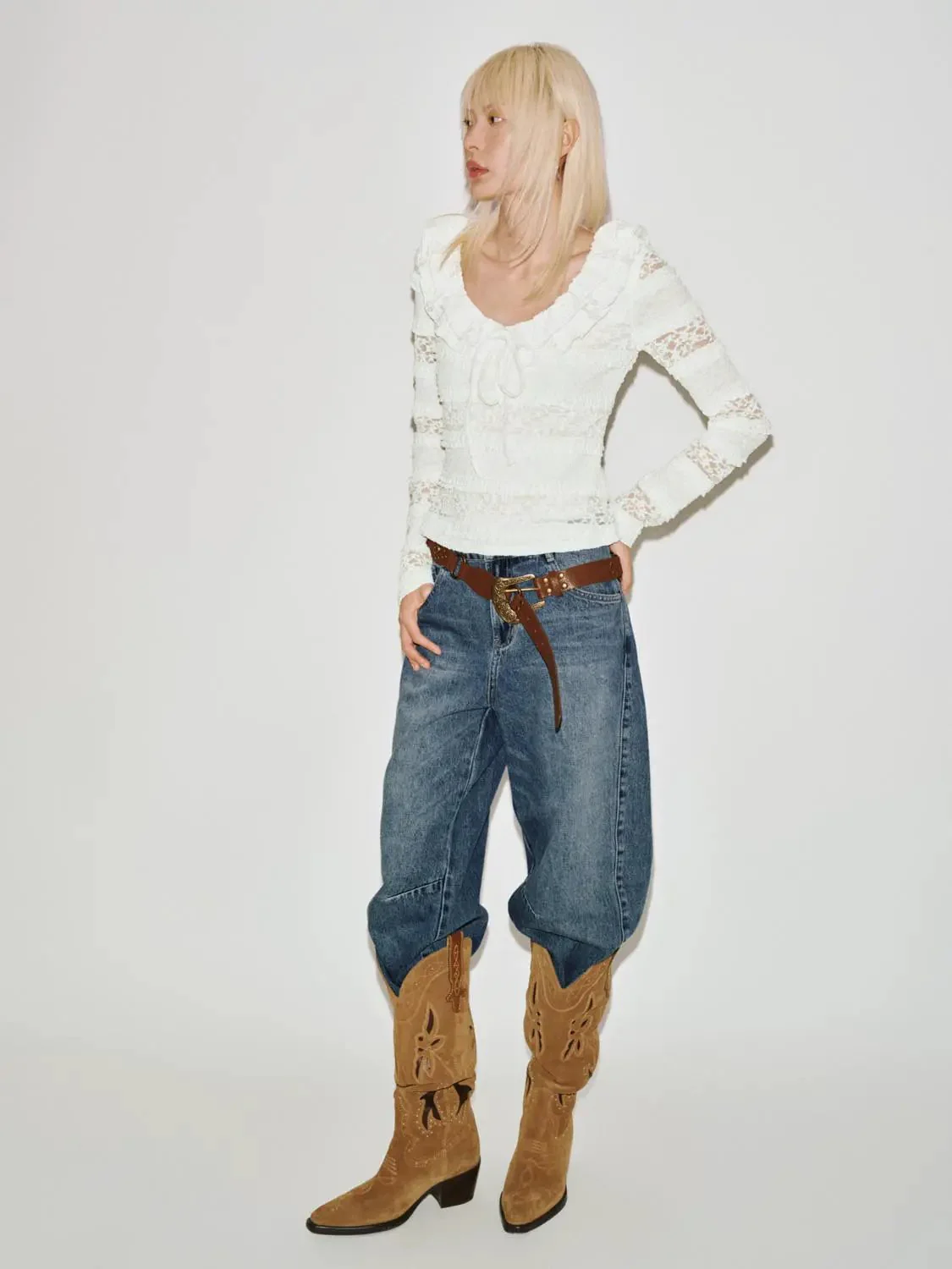 White Ruffle Collar Lace Long Sleeve T Shirt