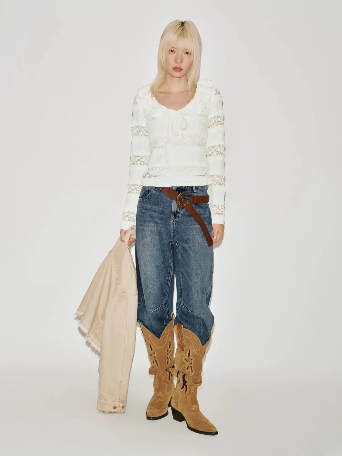 White Ruffle Collar Lace Long Sleeve T Shirt
