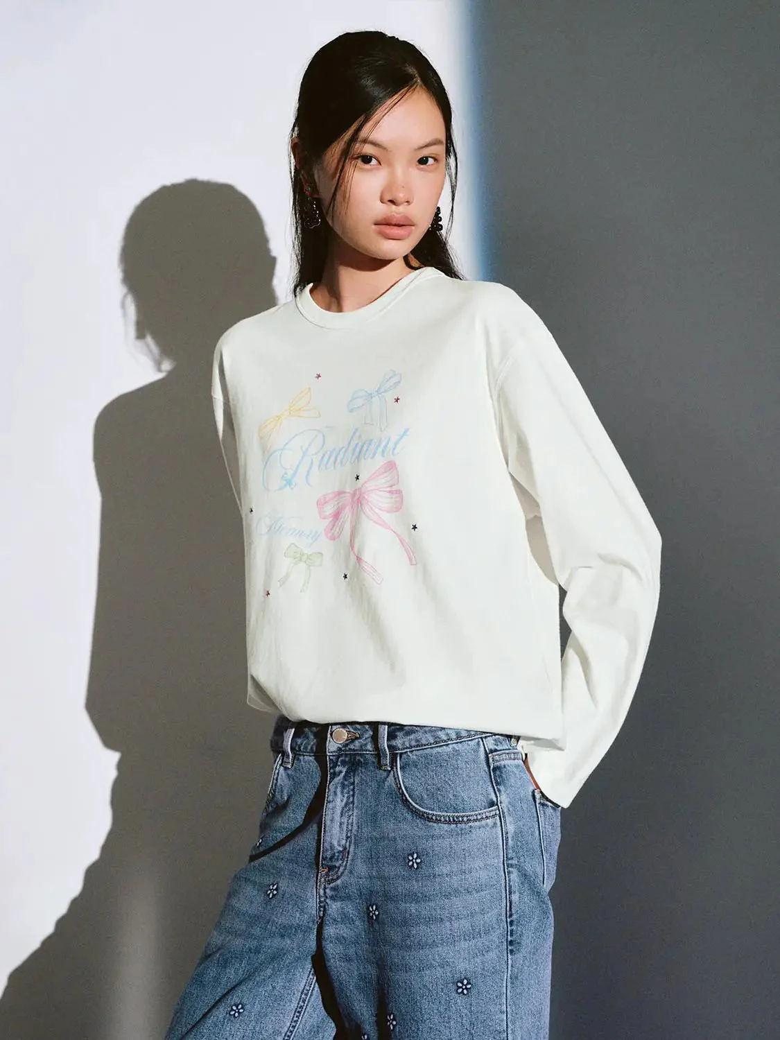Cotton Printed Bow Graphic Long Sleeve T Shirt