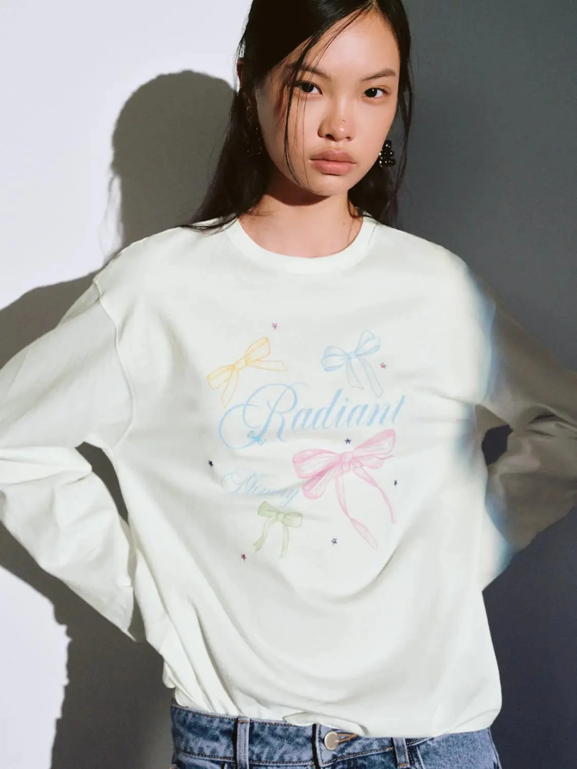 Cotton Printed Bow Graphic Long Sleeve T Shirt