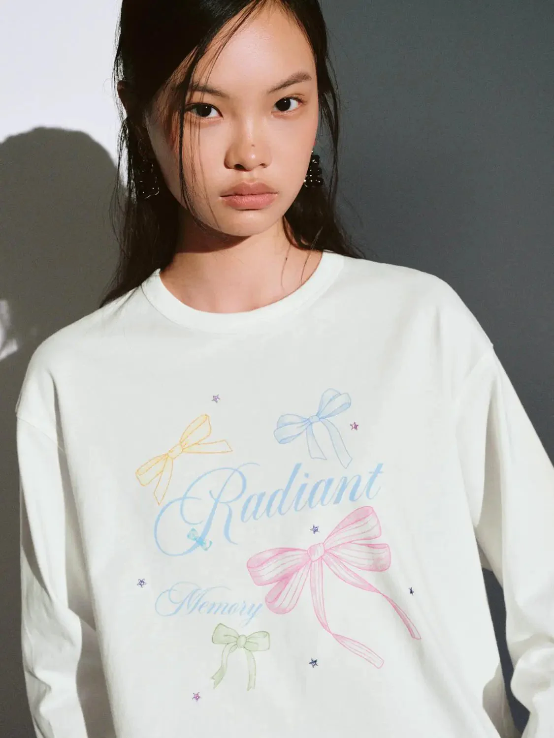 Cotton Printed Bow Graphic Long Sleeve T Shirt