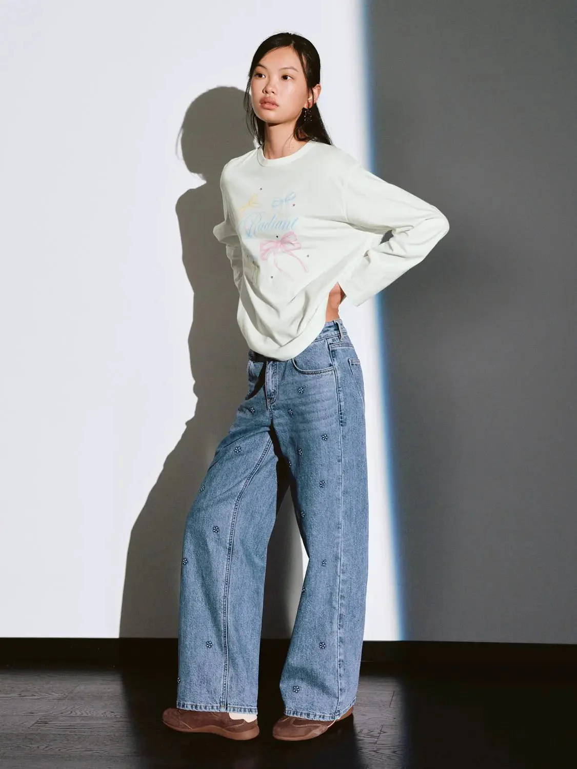 Cotton Printed Bow Graphic Long Sleeve T Shirt