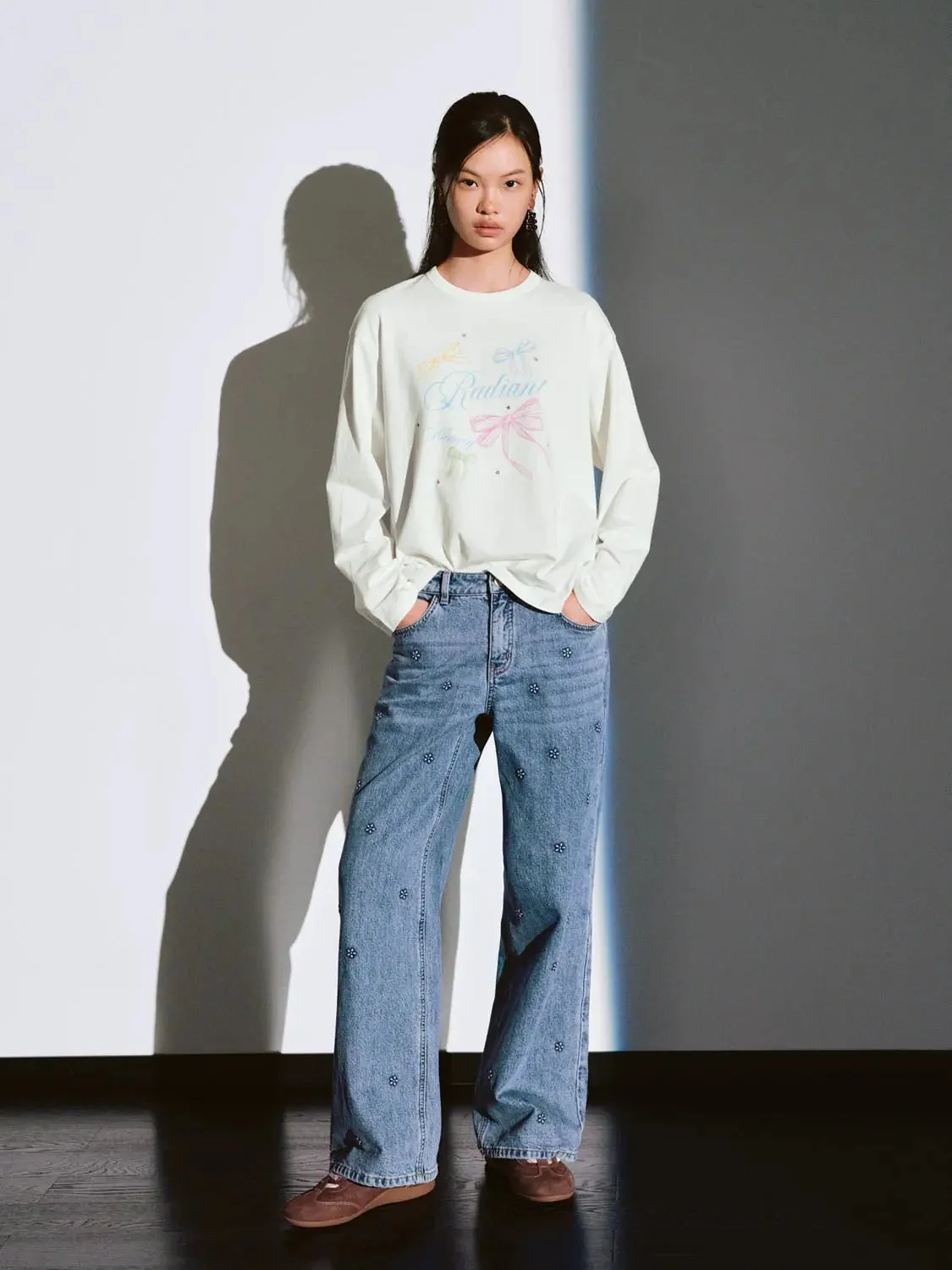 Cotton Printed Bow Graphic Long Sleeve T Shirt