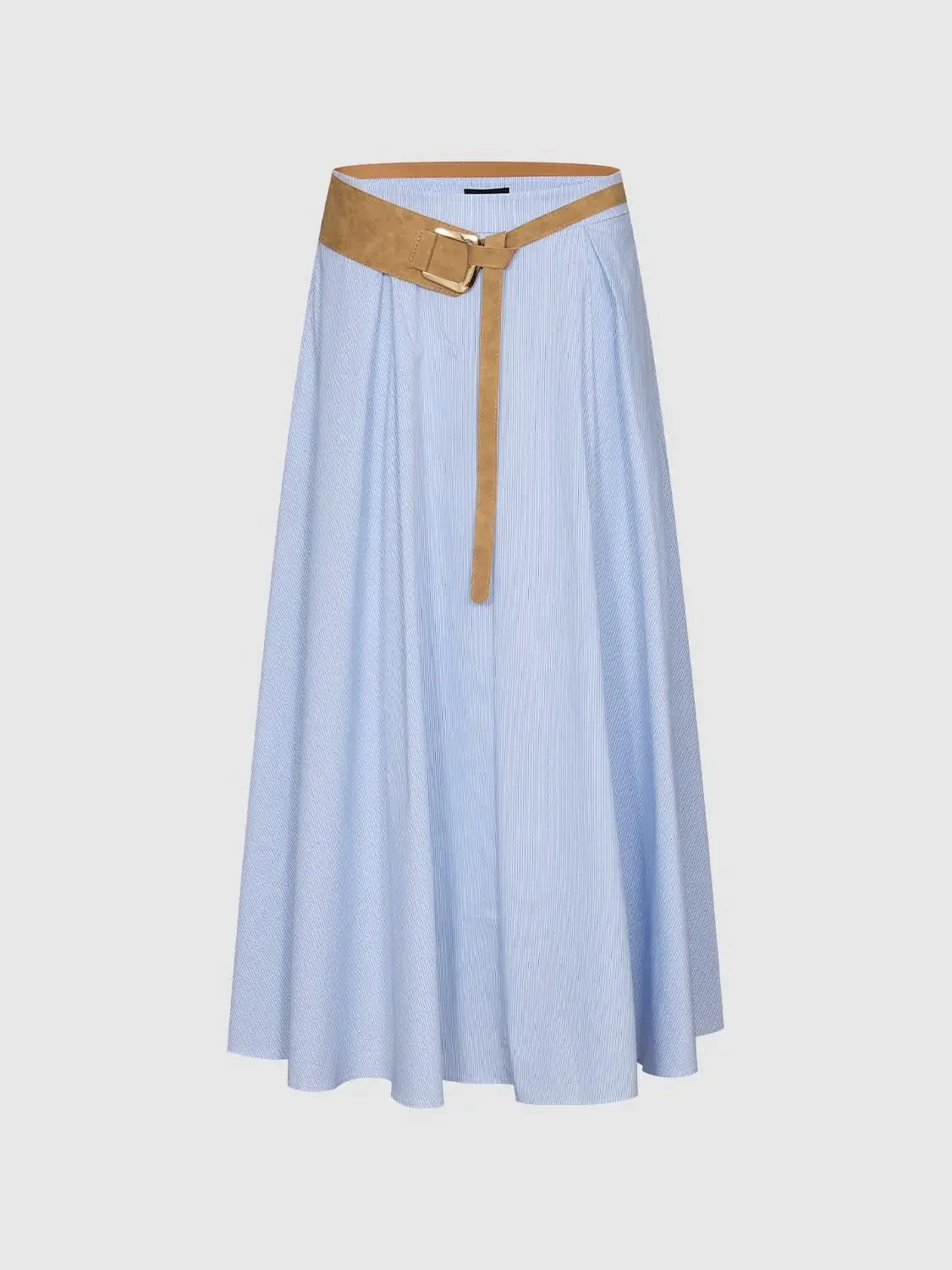 Tan Belted Pinstripe Cotton Blend A-Line Midi Skirts