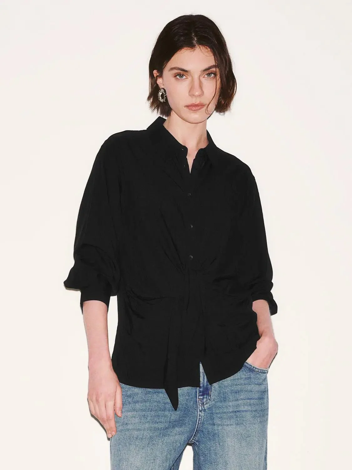 Viscose Knotted Asymmetric Front Silhouette Shirt