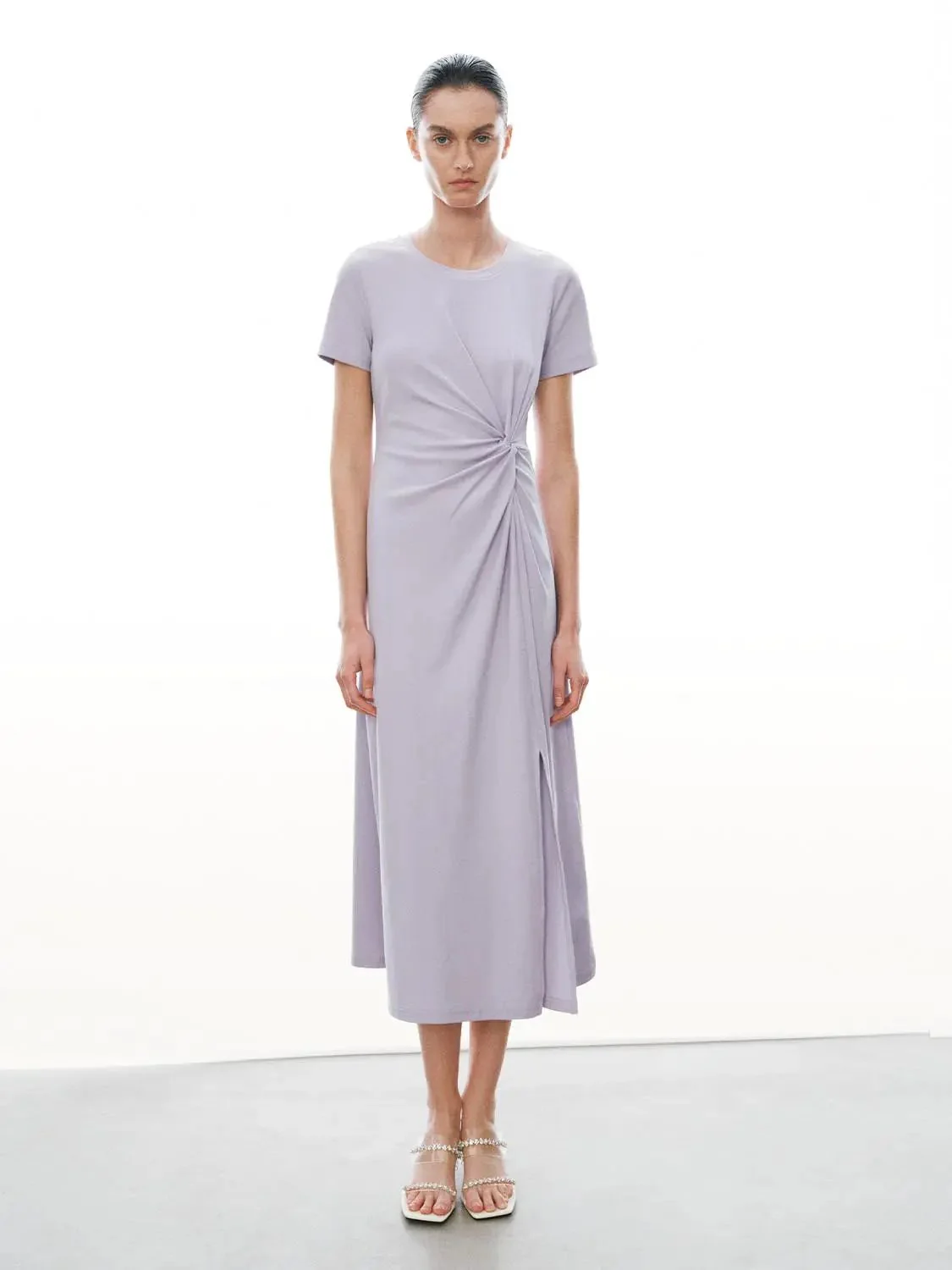 1617-cotton-blend-crew-neck-short-sleeve-draped-knot-midi-dresses-1.webp Cotton Blend Crew Neck Short Sleeve Draped Knot Midi Dresses
