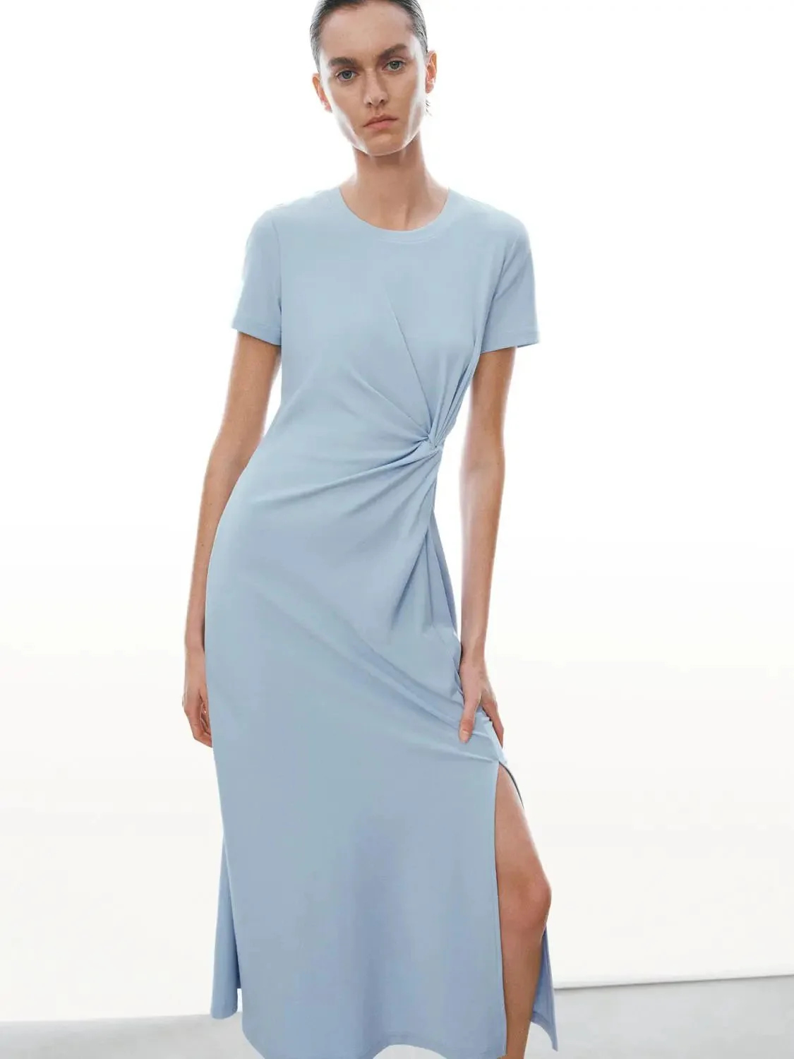1617-cotton-blend-crew-neck-short-sleeve-draped-knot-midi-dresses-11.webp Cotton Blend Crew Neck Short Sleeve Draped Knot Midi Dresses