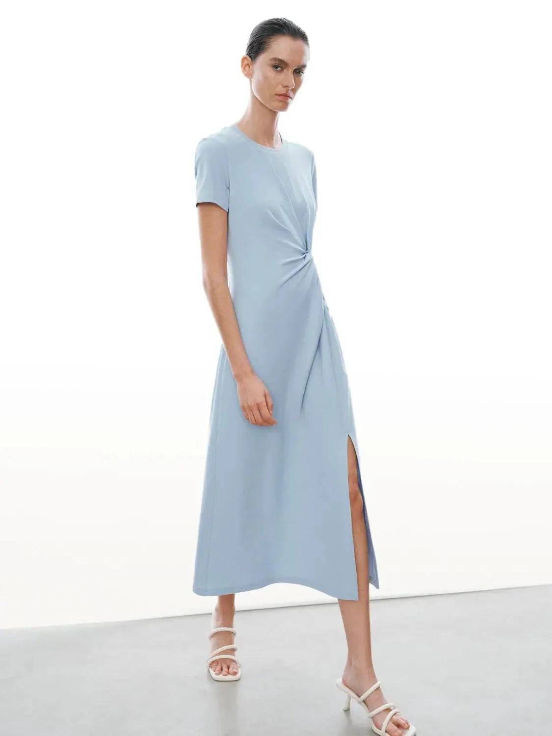 1617-cotton-blend-crew-neck-short-sleeve-draped-knot-midi-dresses-12.webp Cotton Blend Crew Neck Short Sleeve Draped Knot Midi Dresses
