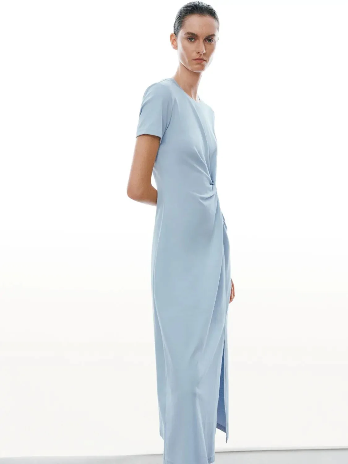 1617-cotton-blend-crew-neck-short-sleeve-draped-knot-midi-dresses-13.webp Cotton Blend Crew Neck Short Sleeve Draped Knot Midi Dresses