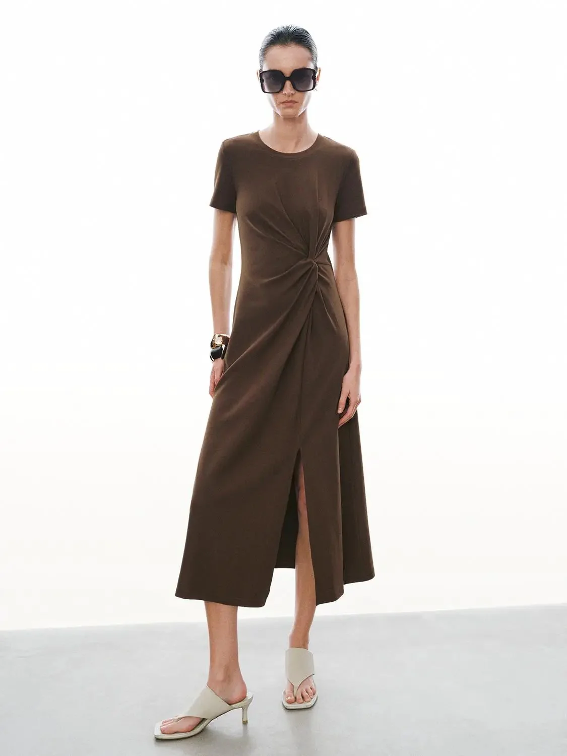 1617-cotton-blend-crew-neck-short-sleeve-draped-knot-midi-dresses-17.webp Cotton Blend Crew Neck Short Sleeve Draped Knot Midi Dresses