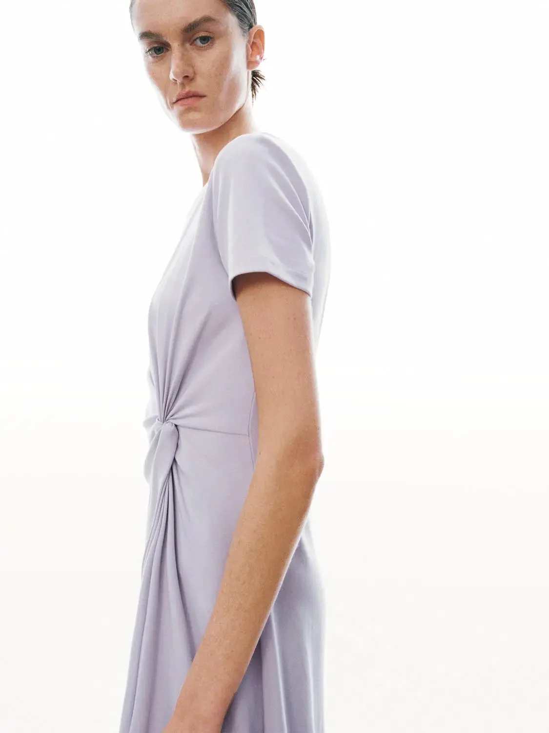 1617-cotton-blend-crew-neck-short-sleeve-draped-knot-midi-dresses-2.webp Cotton Blend Crew Neck Short Sleeve Draped Knot Midi Dresses