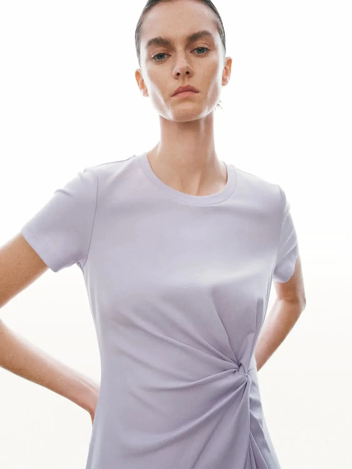 1617-cotton-blend-crew-neck-short-sleeve-draped-knot-midi-dresses-3.webp Cotton Blend Crew Neck Short Sleeve Draped Knot Midi Dresses