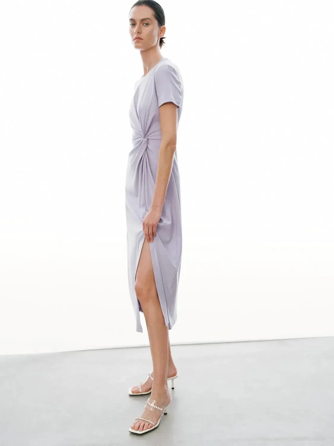 1617-cotton-blend-crew-neck-short-sleeve-draped-knot-midi-dresses-4.webp Cotton Blend Crew Neck Short Sleeve Draped Knot Midi Dresses
