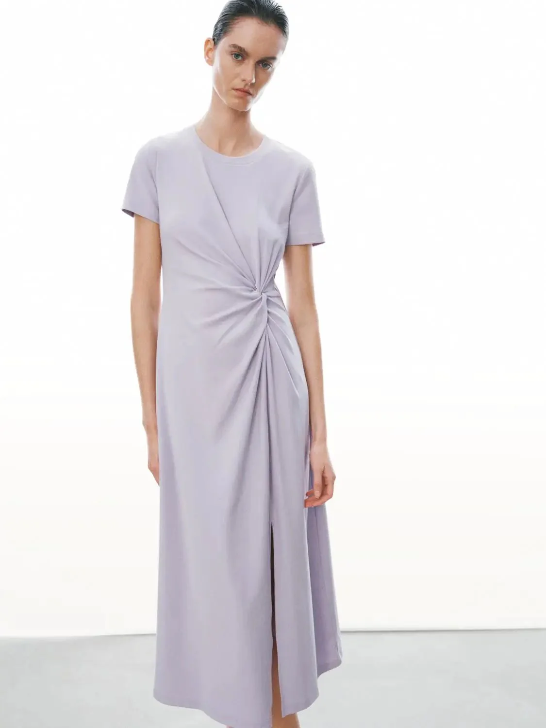 1617-cotton-blend-crew-neck-short-sleeve-draped-knot-midi-dresses-5.webp Cotton Blend Crew Neck Short Sleeve Draped Knot Midi Dresses