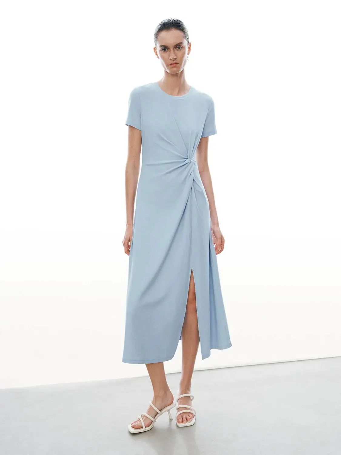 1617-cotton-blend-crew-neck-short-sleeve-draped-knot-midi-dresses-9.webp Cotton Blend Crew Neck Short Sleeve Draped Knot Midi Dresses
