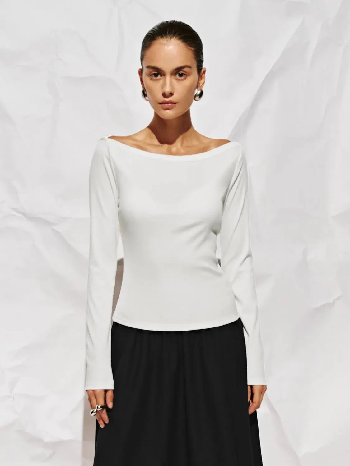 Cotton And Viscose Blend Off Shoulder Long Sleeve T Shirts