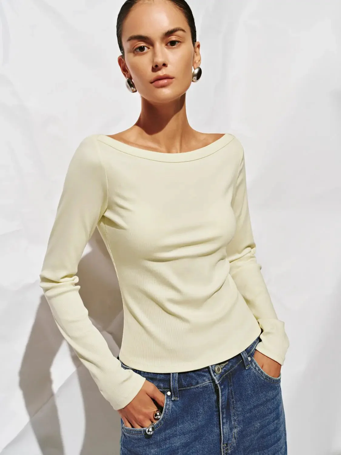 Cotton And Viscose Blend Off Shoulder Long Sleeve T Shirts