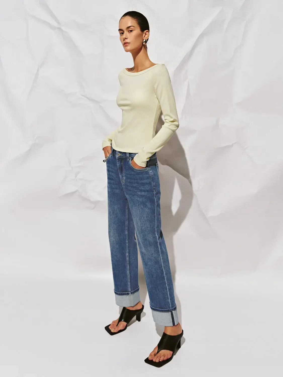 Cotton And Viscose Blend Off Shoulder Long Sleeve T Shirts